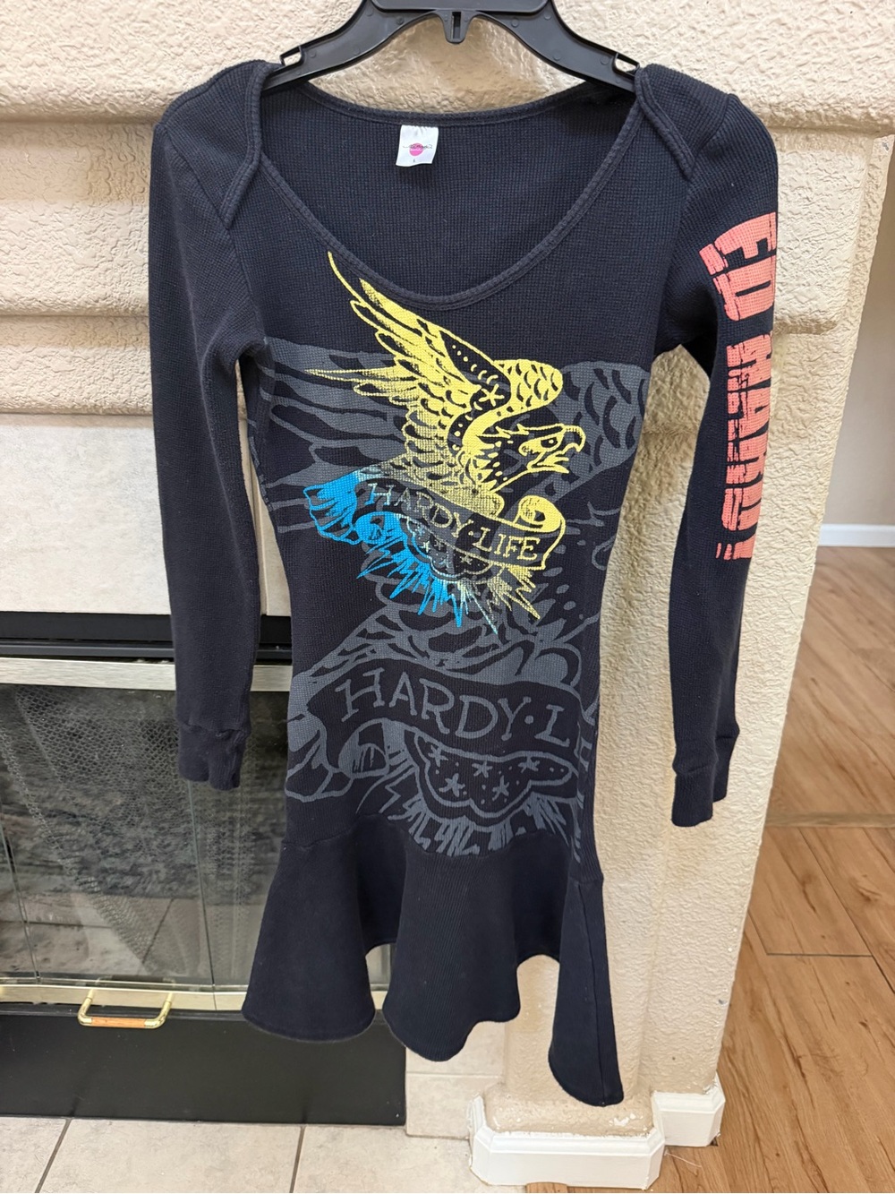 Y2K Ed Hardy Women’s Black Long-Sleeve Graphic Dress - Yellow & Blue Eagle
